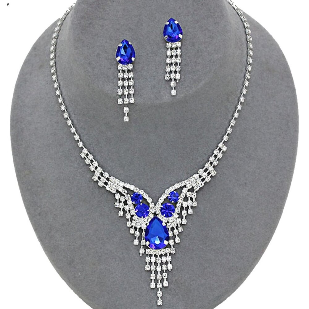 Royal Blue Silver Crystal Rhinestone Necklace Set Teardrop Prom Wedding Formal